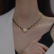 Vintage leather wrap chain diamond necklace