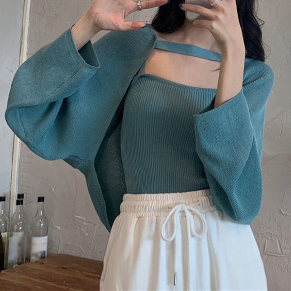 Two-Piece Solid Color Long-Sleeved Knitted Bolero Cardigan