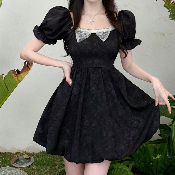 Backless Bowknot Lace-Up Puff Sleeve Black Dress