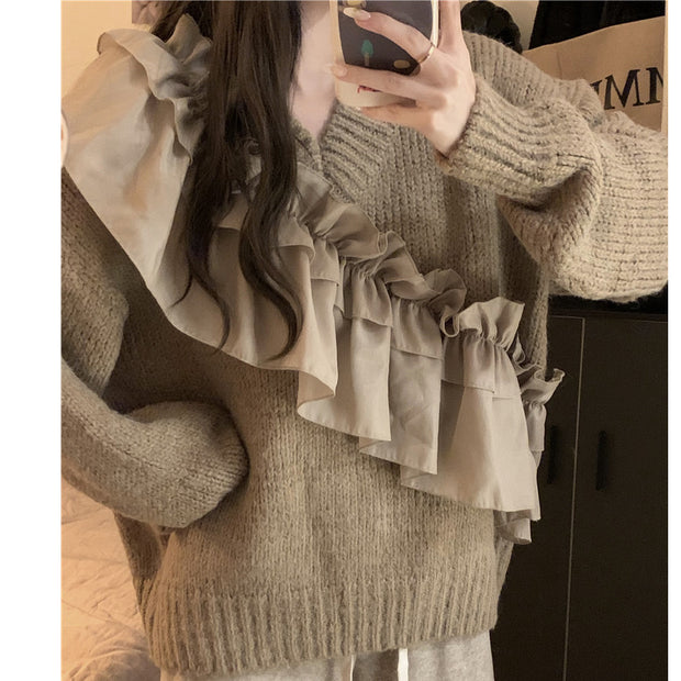 Lace-paneled v-neck loose long-sleeved sweater top
