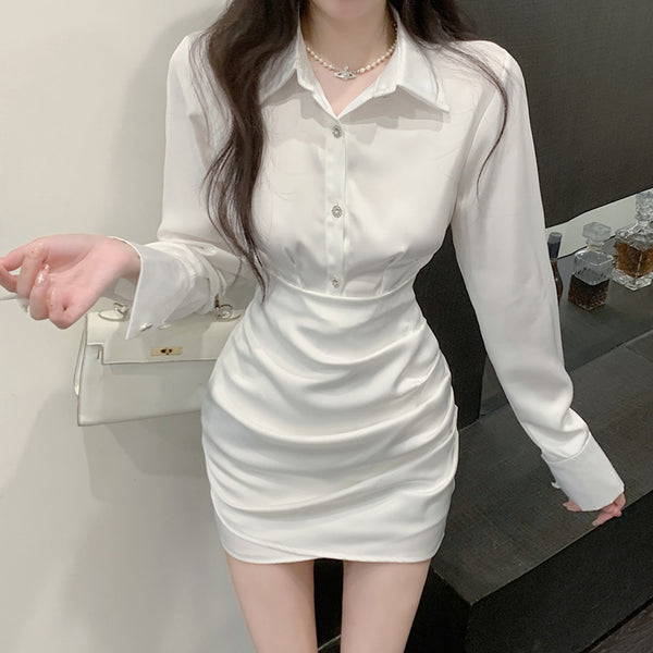 Satin Lapel Button Long Sleeve White Shirt Dress
