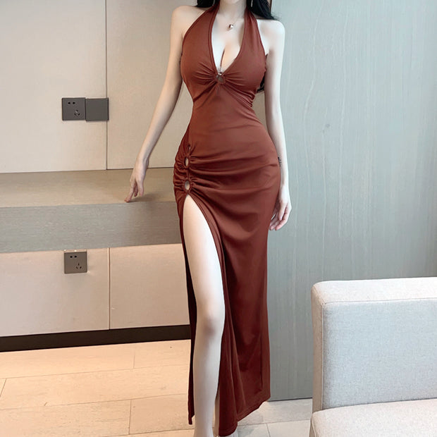 Low-cut v-neck lace-up open back slit dress