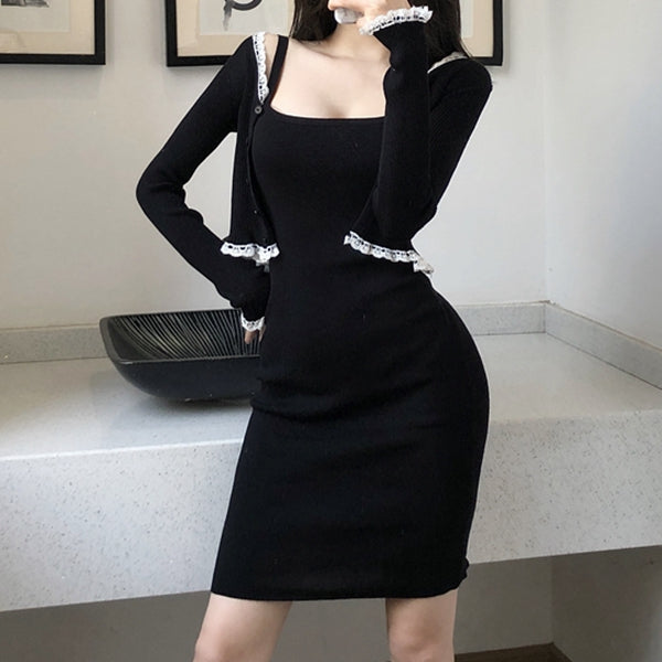Sling Dress Long Sleeve Lace Knit Cardigan Set