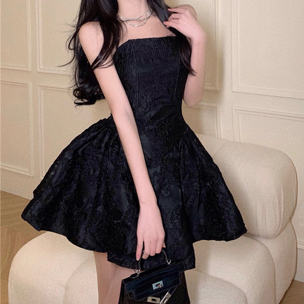 Jacquard Bandeau Sleeveless Black Puff Dress