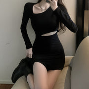Long sleeve slim temperament black short dress