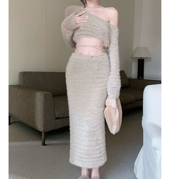 Furry Short Top High Waist Long Skirt Suit – DRESSVY
