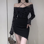 Two-piece black tulle suspender long sleeve dress