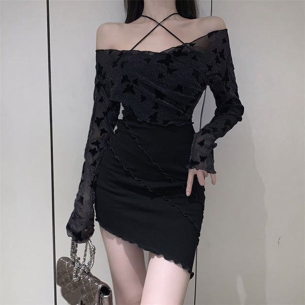 Two-piece black tulle suspender long sleeve dress