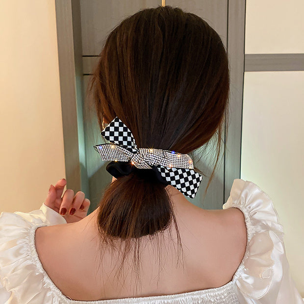 Bow-knot plaid square rhinestone hair tie