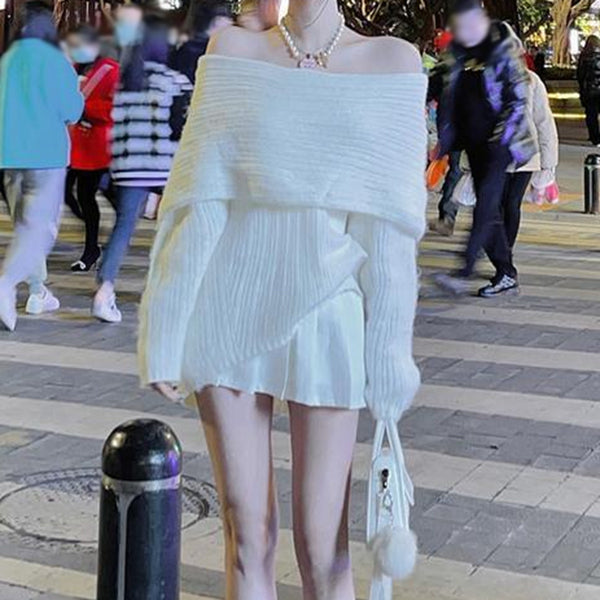 Knit Fleece Long Sleeve White Sweater Top