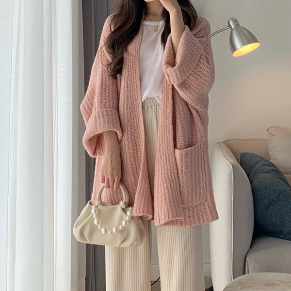 Belted Loose Long Sleeve Pink Knit Cardigan