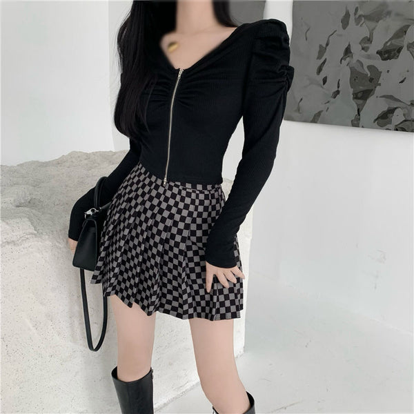 V-Neck Puff Sleeve Knit Top Checkerboard Skirt
