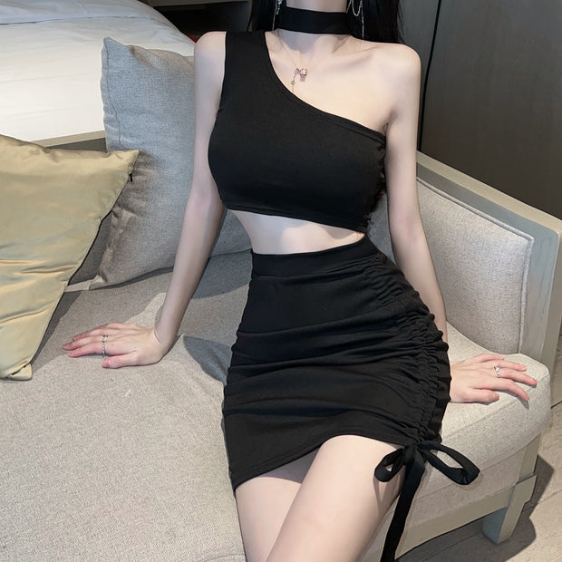 One Shoulder Sleeveless Top Drawstring Skirt Set