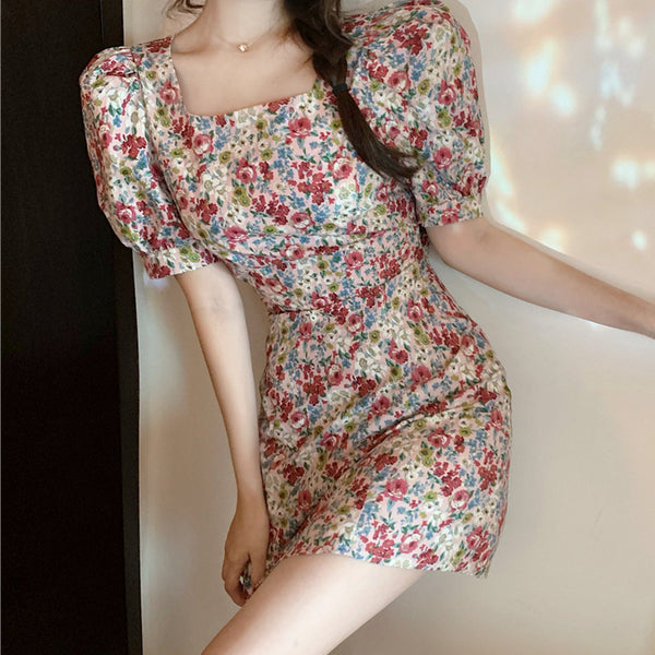 Floral Puff Sleeve Square Neck Backless Dress