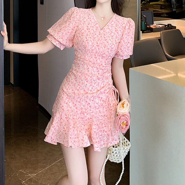 V-neck drawstring short-sleeved pink floral dress