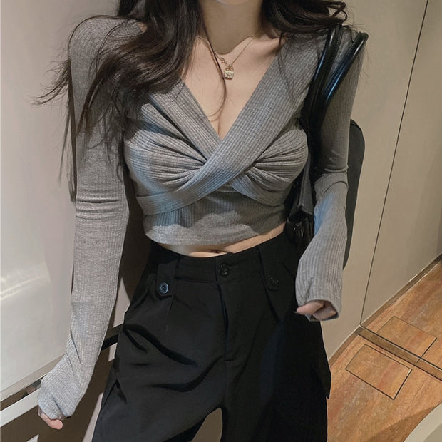 V-Neck Sexy Long-Sleeved Short T-Shirt Top