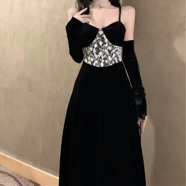 Lace Velvet Sleeves Prom Black Homecoming Slip Dress
