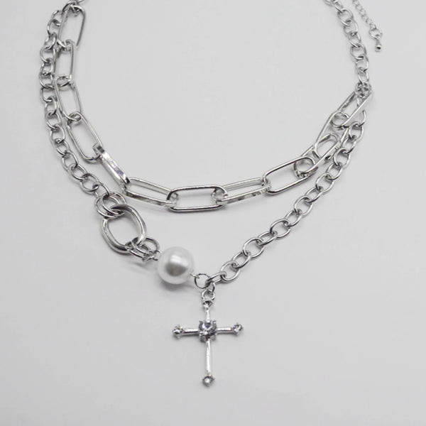 Cross Double Pearl Chain Necklace