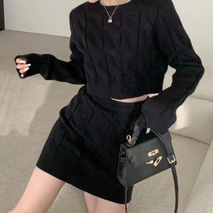 Solid Color Long Sleeve Top Knitted Short Skirt Set