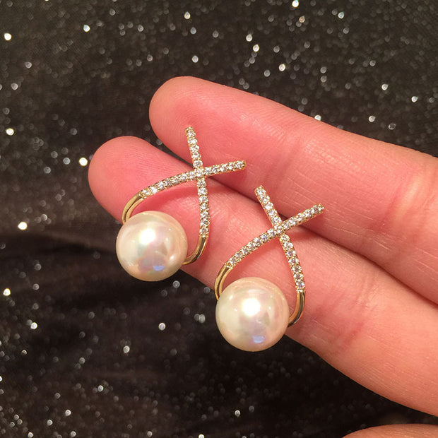 Cross Rhinestone Pearl Fashion Earrings