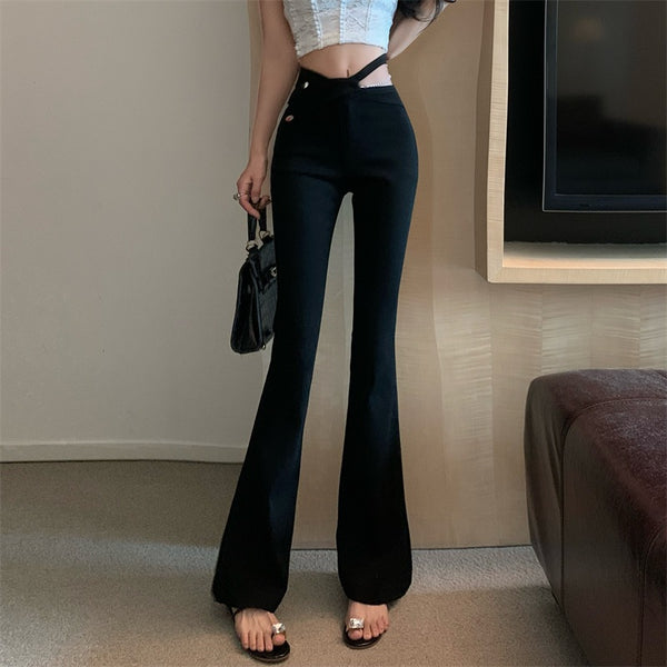 Pearl Chain Micro Flare Hollow Long Pants