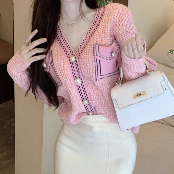 Single Breasted V-Neck Long Sleeve Knit Cardigan Top