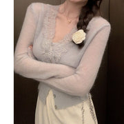 V-neck long-sleeved knitted short top