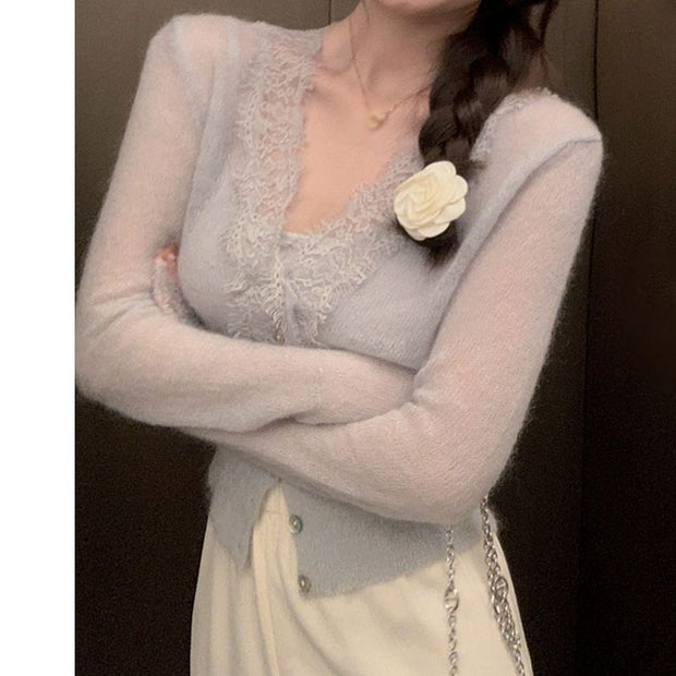 V-neck long-sleeved knitted short top