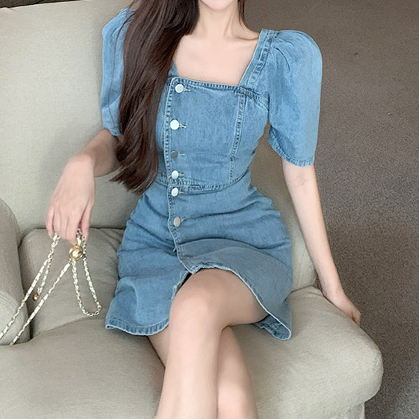 Off-waist square neck button puff sleeve denim dress