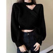 V-neck puff sleeve warm knitted sweater top