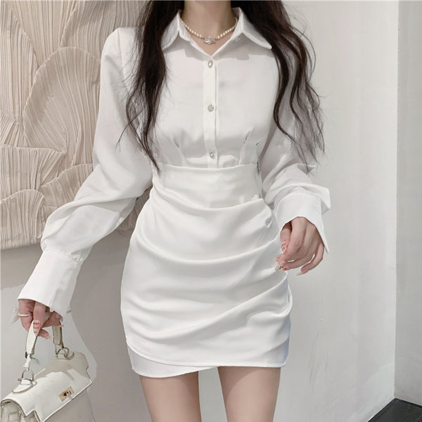 Satin Lapel Button Long Sleeve White Shirt Dress