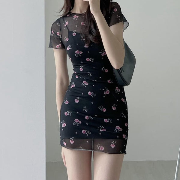 Short Sleeve Mesh Floral Black Dress