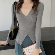 V-neck irregular long-sleeved tight knit top