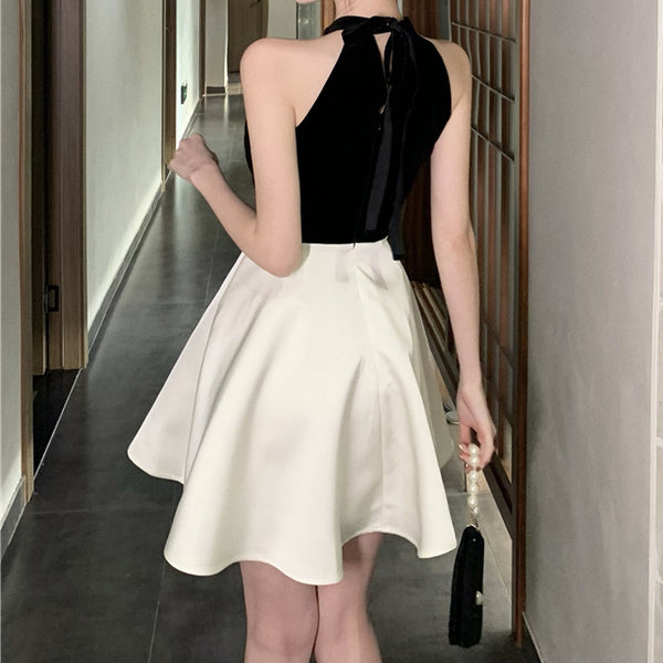 Off-The-Shoulder Color-Block Waist Fluffy A-Line Dress