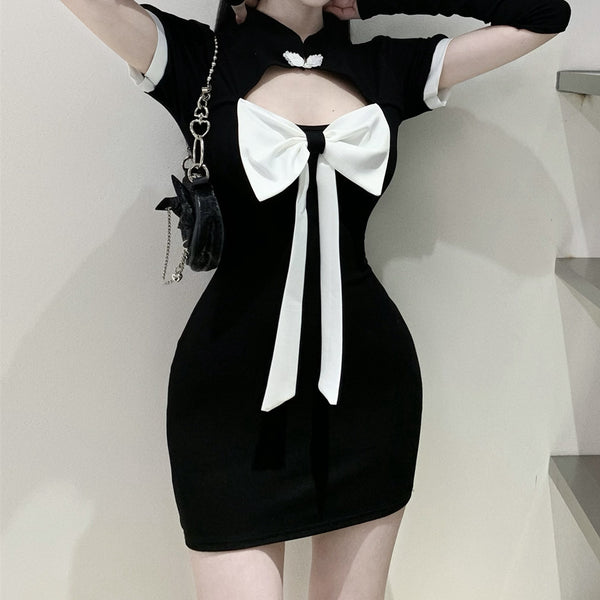 Sexy Hollow Bow Sleeve Black Dress