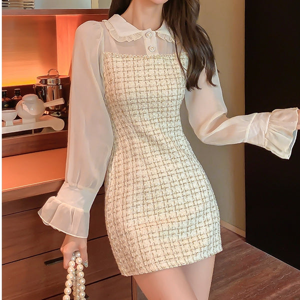 Doll Collar Chiffon Stitching Apricot Woolen Dress