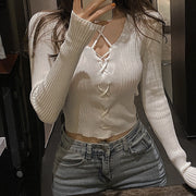 V-neck long-sleeved slim short knit top