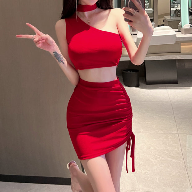 One Shoulder Sleeveless Top Drawstring Skirt Set