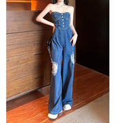 Buttons ripped wide leg denim bandeau jumpsuit