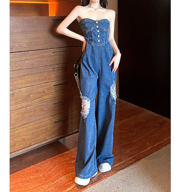 Buttons ripped wide leg denim bandeau jumpsuit