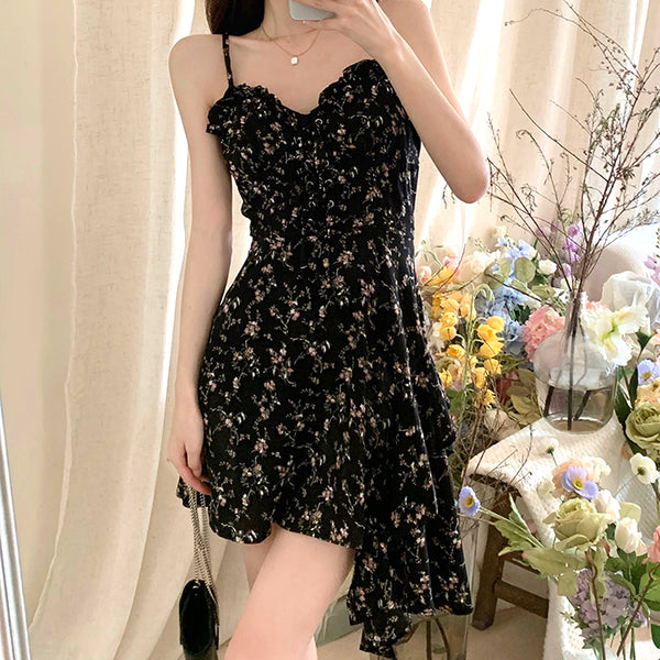 Irregular Slim Black Suspender Floral Dress