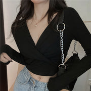 V-Neck Sexy Long-Sleeved Short T-Shirt Top