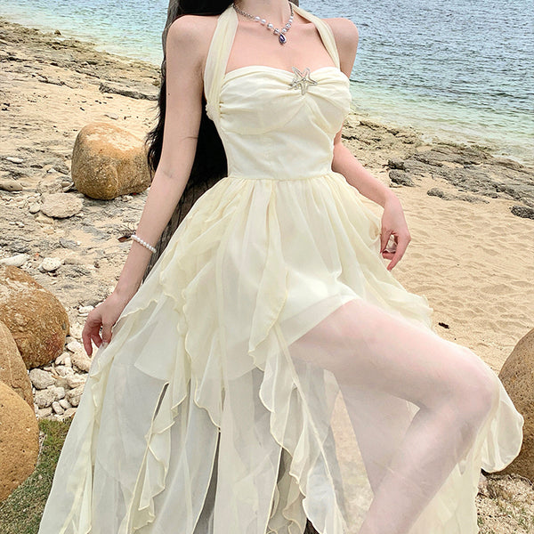 Chiffon Ruffle Seaside Halter Neck Holiday Dress