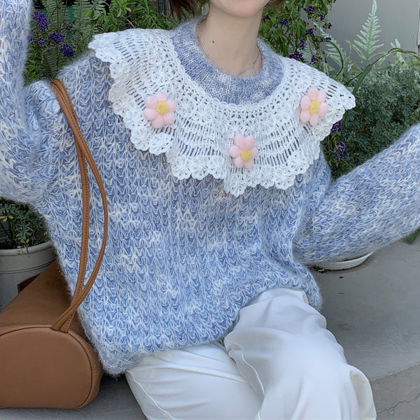 Doll Collar Cutout Flower Loose Long Sleeve Sweater