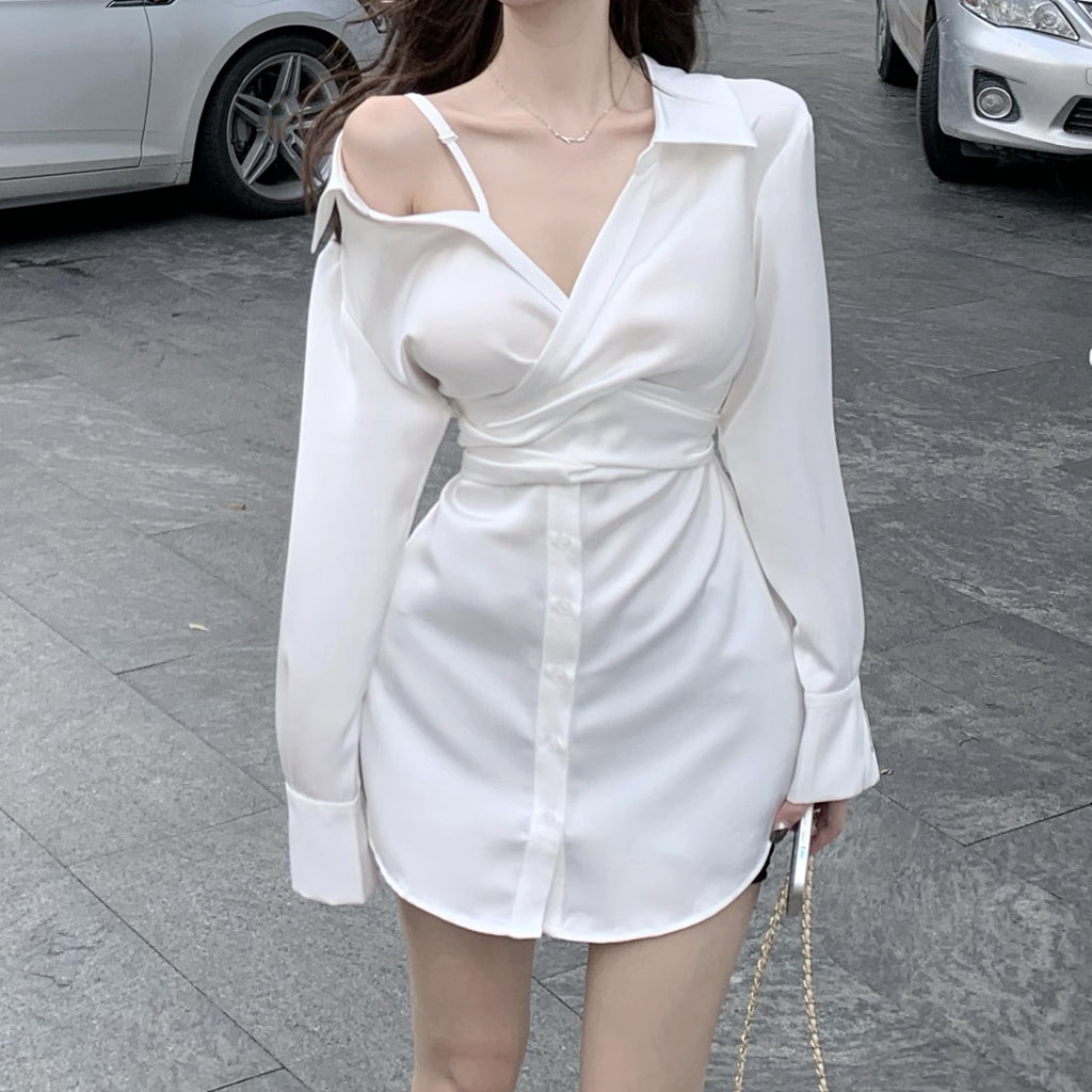 Satin Off Shoulder Long Sleeve Shirt Dress – DRESSVY
