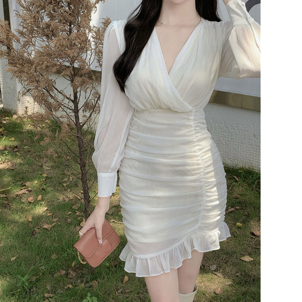 V-neck chiffon puff sleeve long sleeve dress