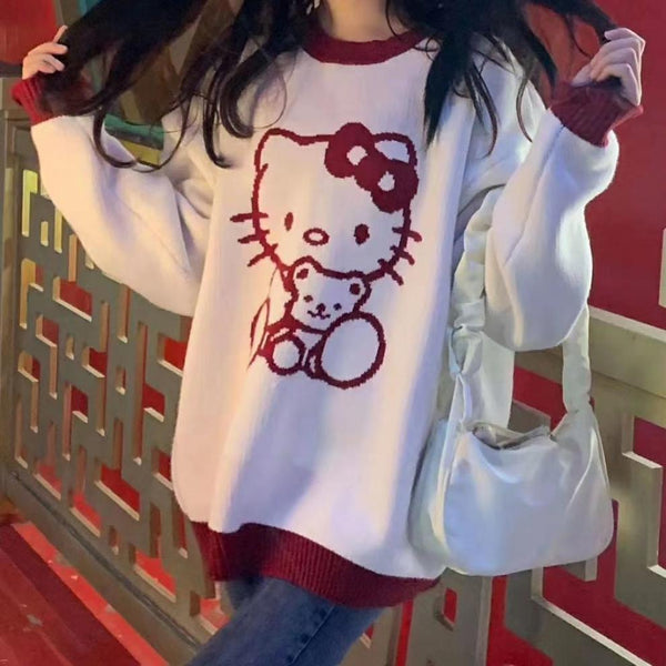 Loose Soft Contrast Color Cartoon Hello Kitty Knit Sweater Top