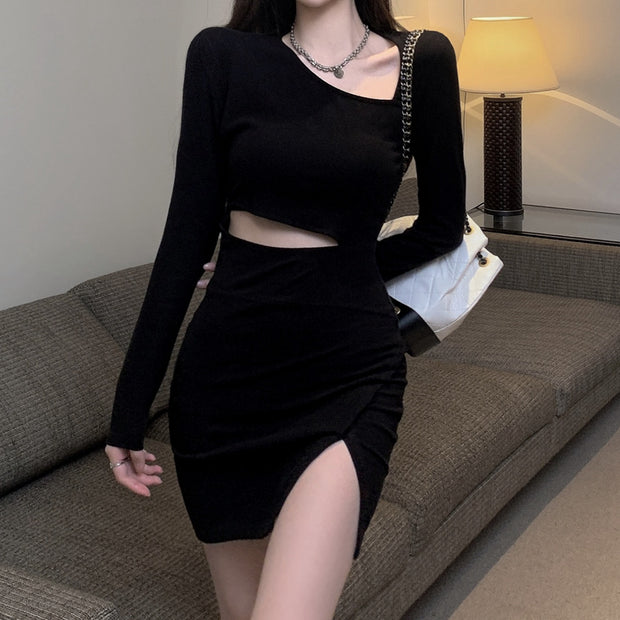 Long sleeve slim temperament black short dress