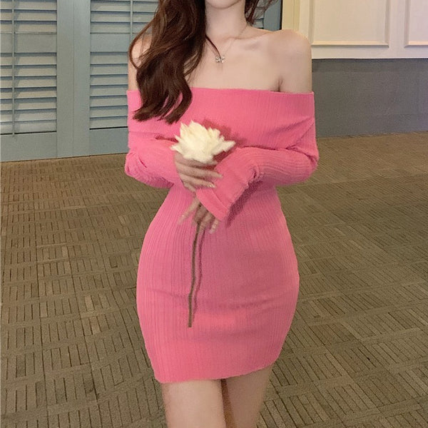 Off-Shoulder Long Sleeve Pink Slim Fit Knit Dress