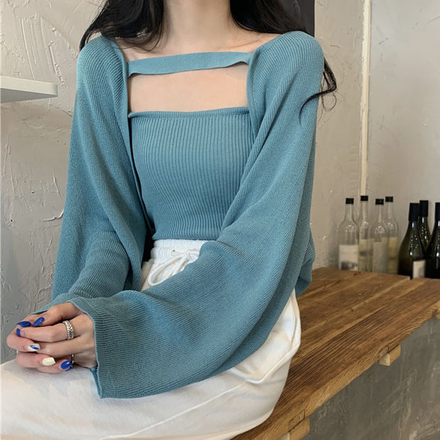 Two-piece solid color long-sleeved knitted bolero cardigan